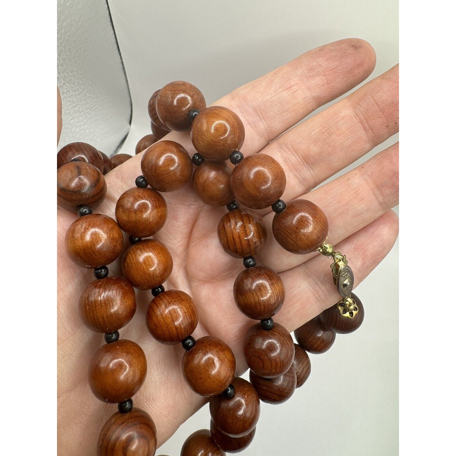 Hand Made Wooden Necklace Wood Beads W Celluloid Spacers Vintage 22" Hippie